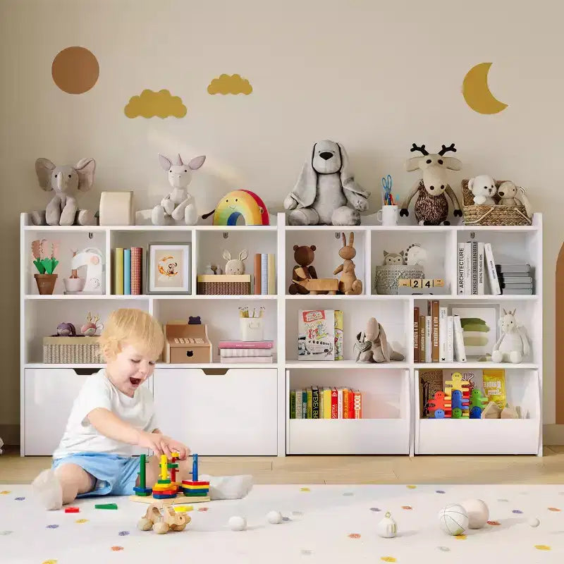 Toy Storage Organizer with 2 Movable Drawers, Toy Organizer with 5 Open Cubbies, Multifunctional Floor Storage Chest for Playroom