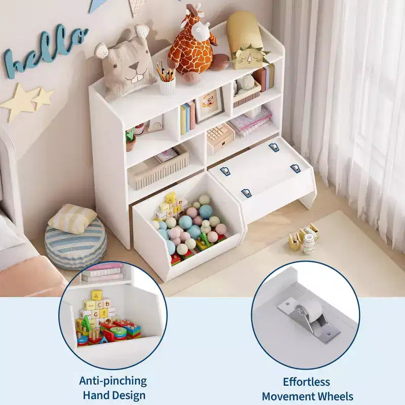 Toy Storage Organizer with 2 Movable Drawers, Toy Organizer with 5 Open Cubbies, Multifunctional Floor Storage Chest for Playroom