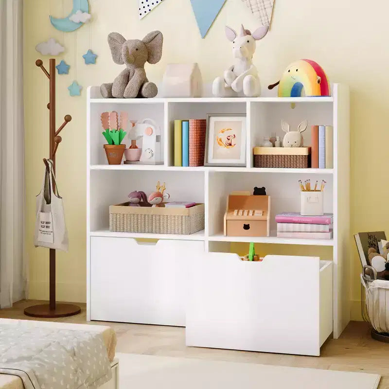 Toy Storage Organizer with 2 Movable Drawers, Toy Organizer with 5 Open Cubbies, Multifunctional Floor Storage Chest for Playroom