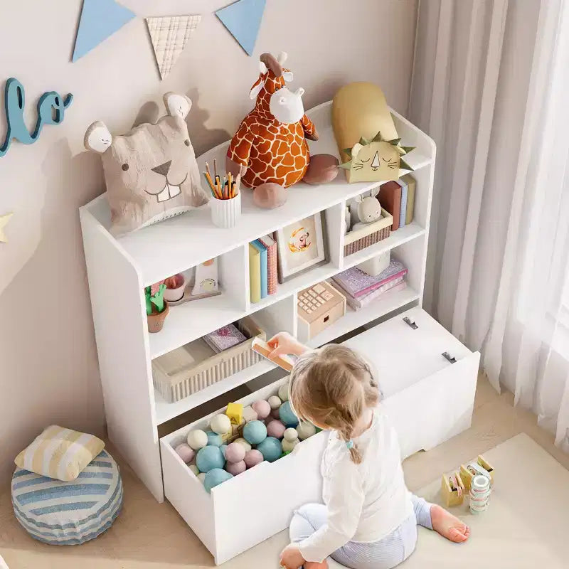 Toy Storage Organizer with 2 Movable Drawers, Toy Organizer with 5 Open Cubbies, Multifunctional Floor Storage Chest for Playroom