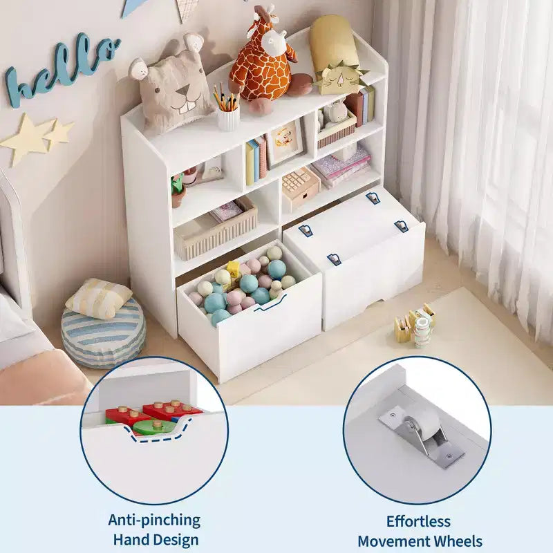 Toy Storage Organizer with 2 Movable Drawers, Toy Organizer with 5 Open Cubbies, Multifunctional Floor Storage Chest for Playroom