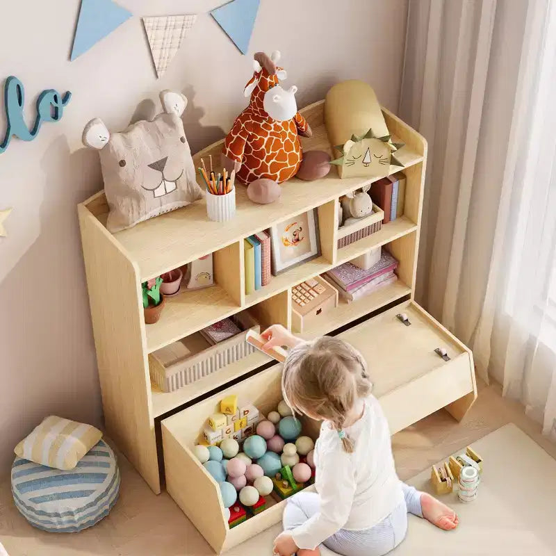 Toy Storage Organizer with 2 Movable Drawers, Toy Organizer with 5 Open Cubbies, Multifunctional Floor Storage Chest for Playroom