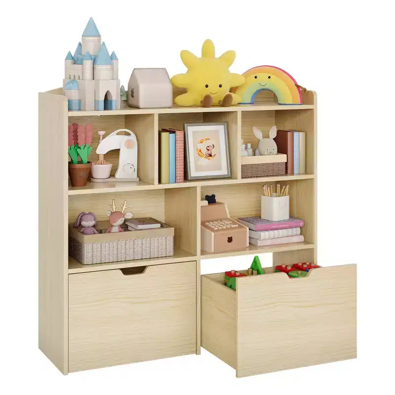 Toy Storage Organizer with 2 Movable Drawers, Toy Organizer with 5 Open Cubbies, Multifunctional Floor Storage Chest for Playroom