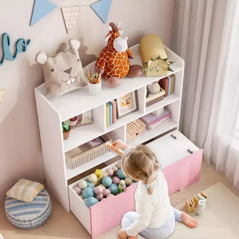 Toy Storage Organizer with 2 Movable Drawers, Toy Organizer with 5 Open Cubbies, Multifunctional Floor Storage Chest for Playroom