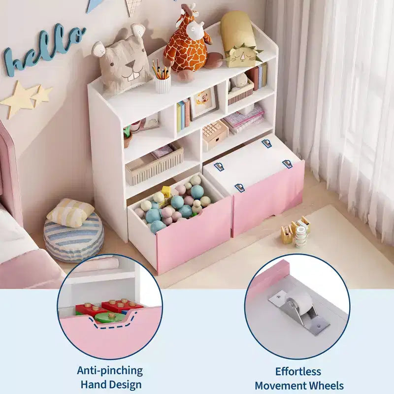 Toy Storage Organizer with 2 Movable Drawers, Toy Organizer with 5 Open Cubbies, Multifunctional Floor Storage Chest for Playroom