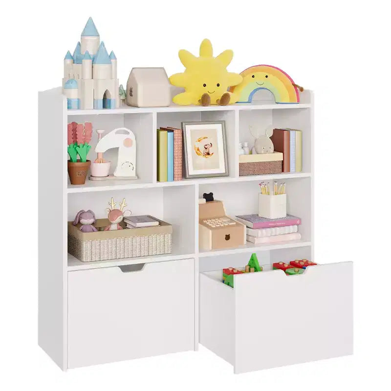 Toy Storage Organizer with 2 Movable Drawers, Toy Organizer with 5 Open Cubbies, Multifunctional Floor Storage Chest for Playroom