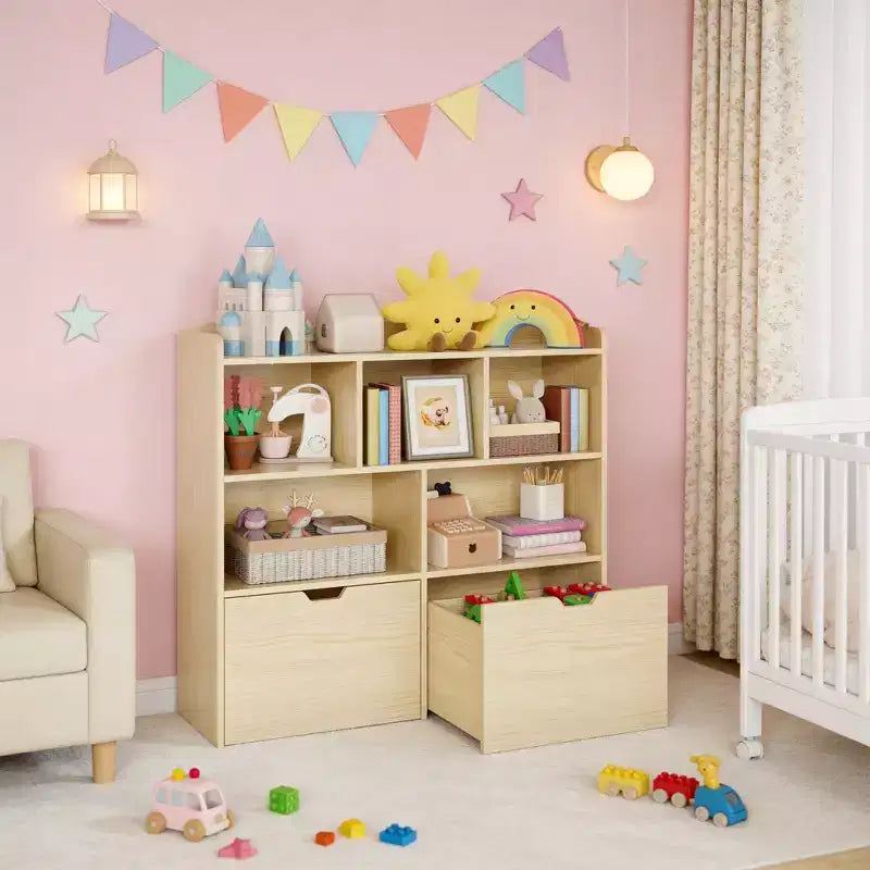 Toy Storage Organizer with 2 Movable Drawers, Toy Organizer with 5 Open Cubbies, Multifunctional Floor Storage Chest for Playroom