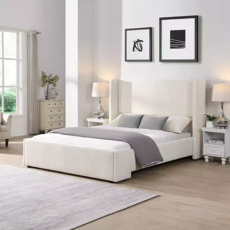 Elegant Upholstered Platform Bed with Tall Wingback Headboard, Queen/King Size Bed Frame, White - ModernLuxe