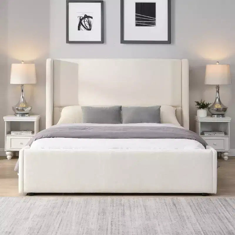 Elegant Upholstered Platform Bed with Tall Wingback Headboard, Queen/King Size Bed Frame, White - ModernLuxe