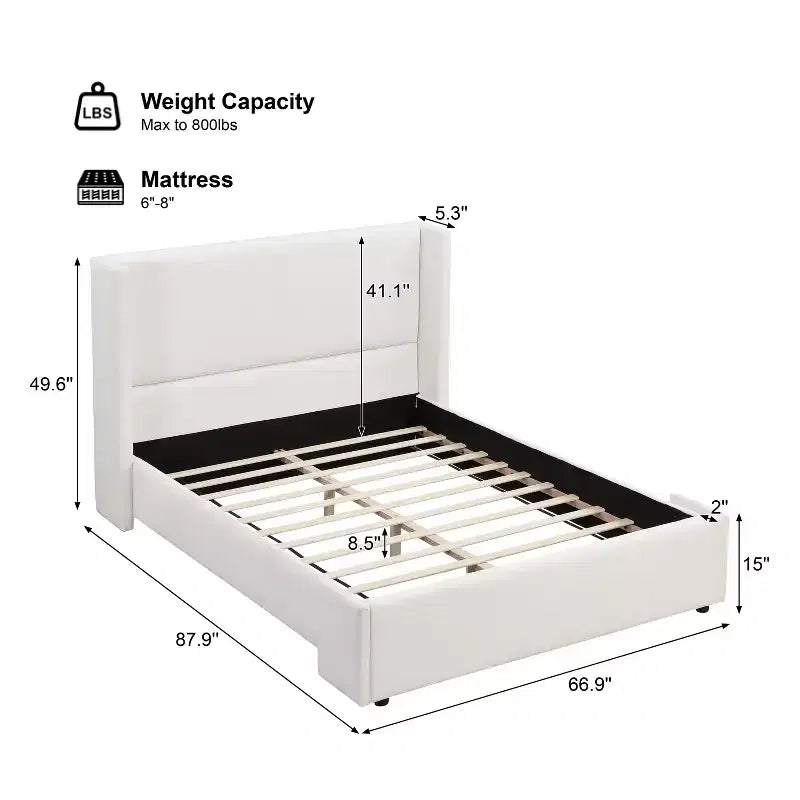 Elegant Upholstered Platform Bed with Tall Wingback Headboard, Queen/King Size Bed Frame, White - ModernLuxe
