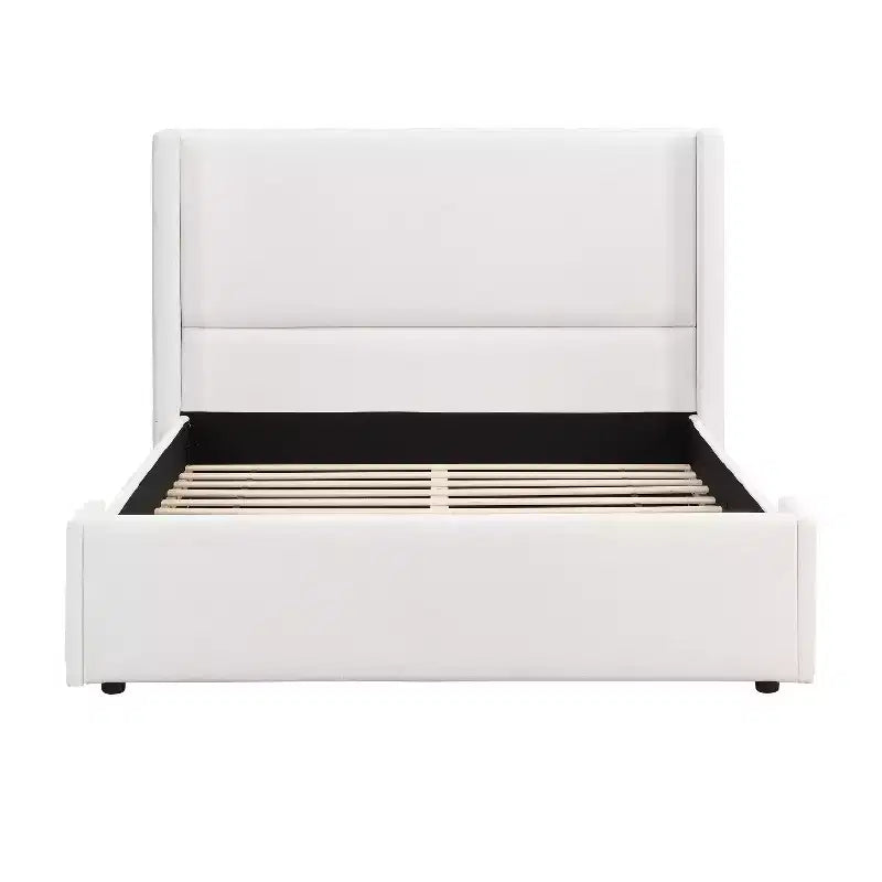 Elegant Upholstered Platform Bed with Tall Wingback Headboard, Queen/King Size Bed Frame, White - ModernLuxe