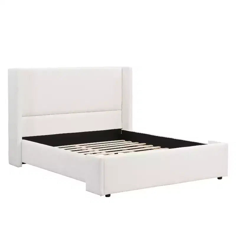 Elegant Upholstered Platform Bed with Tall Wingback Headboard, Queen/King Size Bed Frame, White - ModernLuxe