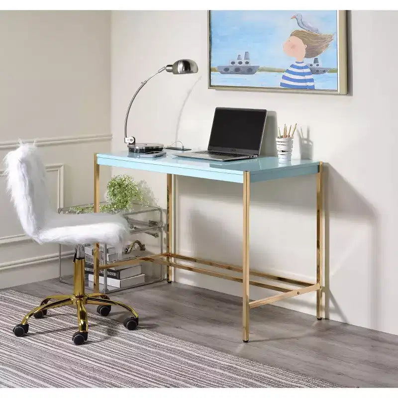 Okak 42.5IN Writing Desk with USB Ports, Standing Desk with Golden Metal Base, Computer Desk for Living Room, Office, Reading Room