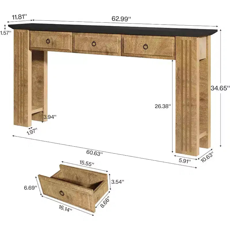 Lantine 63 Console Table with 3 Drawers, Farmhouse Sofa Table Behind Couch, Rustic Entryway Furniture for Hallway, Living Room