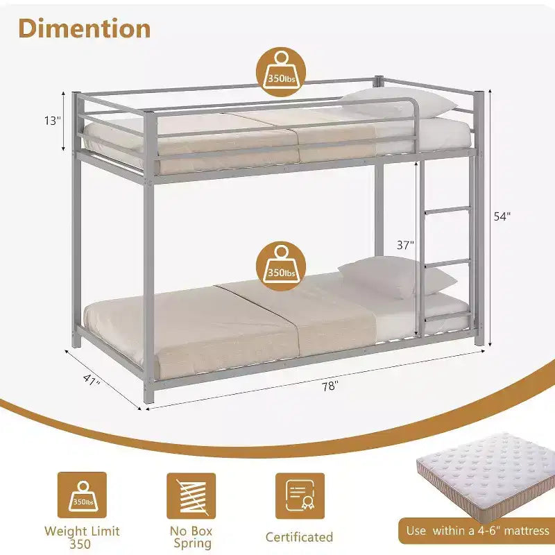 JOYMOR Bunk Bed Twin Over Twin, Metal Twin Size Bed Frame with Safety Guardraild for Boys Girls