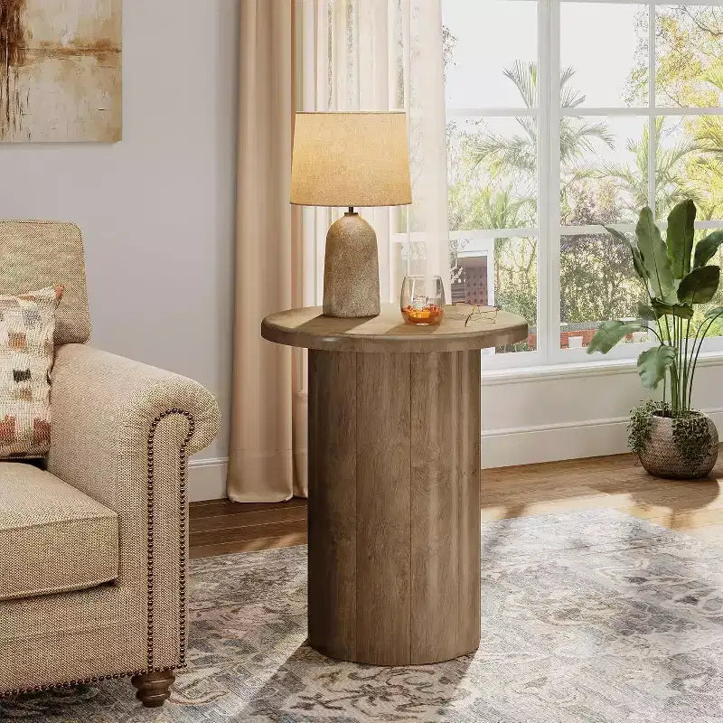 Lantine Round Side Table with Fluted Base, 20-Inch Nightstand, for Living Room Bedroom Small Space ,Rustic Brown