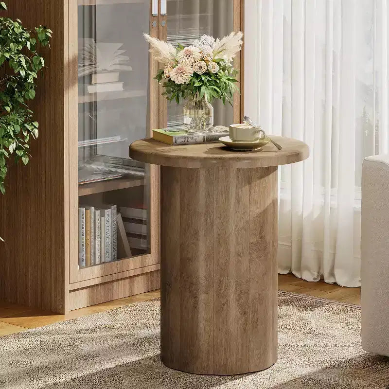 Lantine Round Side Table with Fluted Base, 20-Inch Nightstand, for Living Room Bedroom Small Space ,Rustic Brown