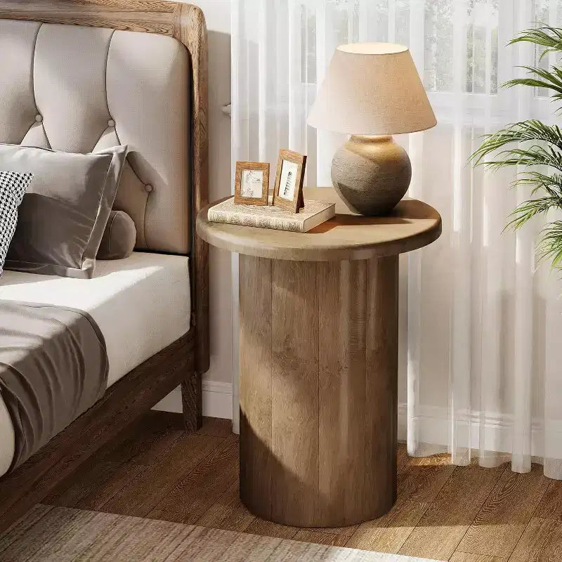 Lantine Round Side Table with Fluted Base, 20-Inch Nightstand, for Living Room Bedroom Small Space ,Rustic Brown