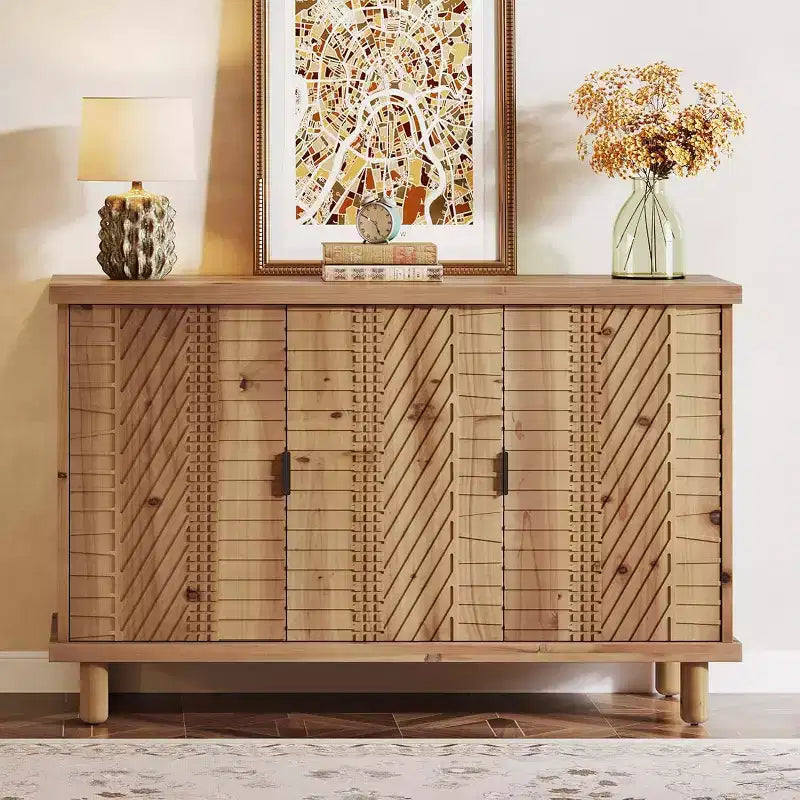 Lantine Solid Wood Buffet Cabinet with Storage, Farmhouse Sideboard Cabinet with 3 Doors and 2 Adjustable Shelves, for Kitchen and Entryway,Natural