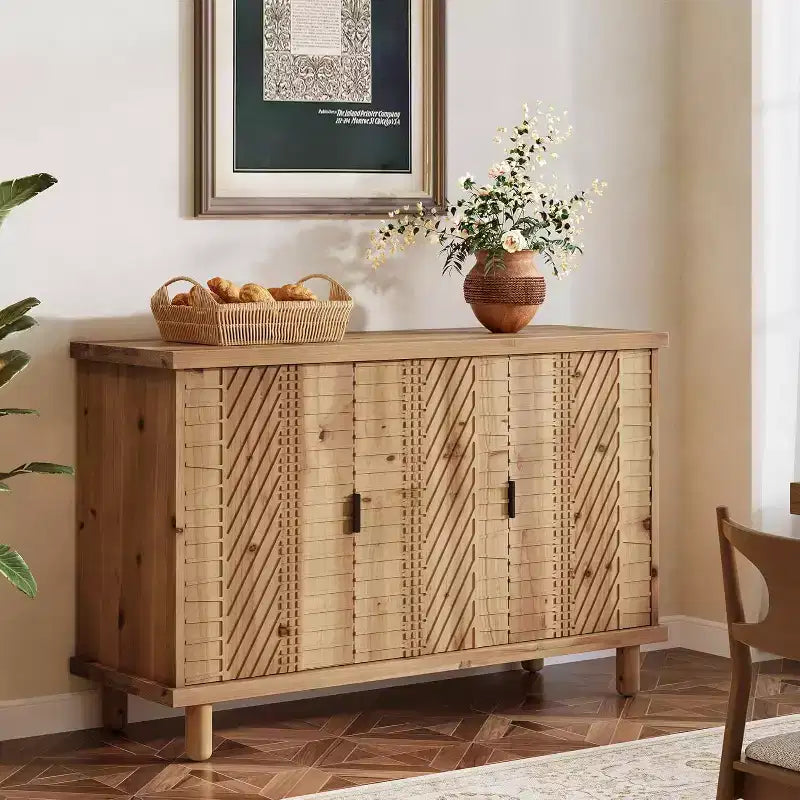 Lantine Solid Wood Buffet Cabinet with Storage, Farmhouse Sideboard Cabinet with 3 Doors and 2 Adjustable Shelves, for Kitchen and Entryway,Natural