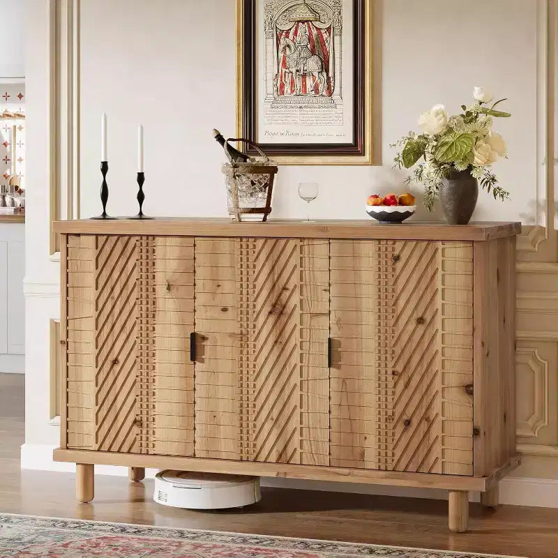 Lantine Solid Wood Buffet Cabinet with Storage, Farmhouse Sideboard Cabinet with 3 Doors and 2 Adjustable Shelves, for Kitchen and Entryway,Natural