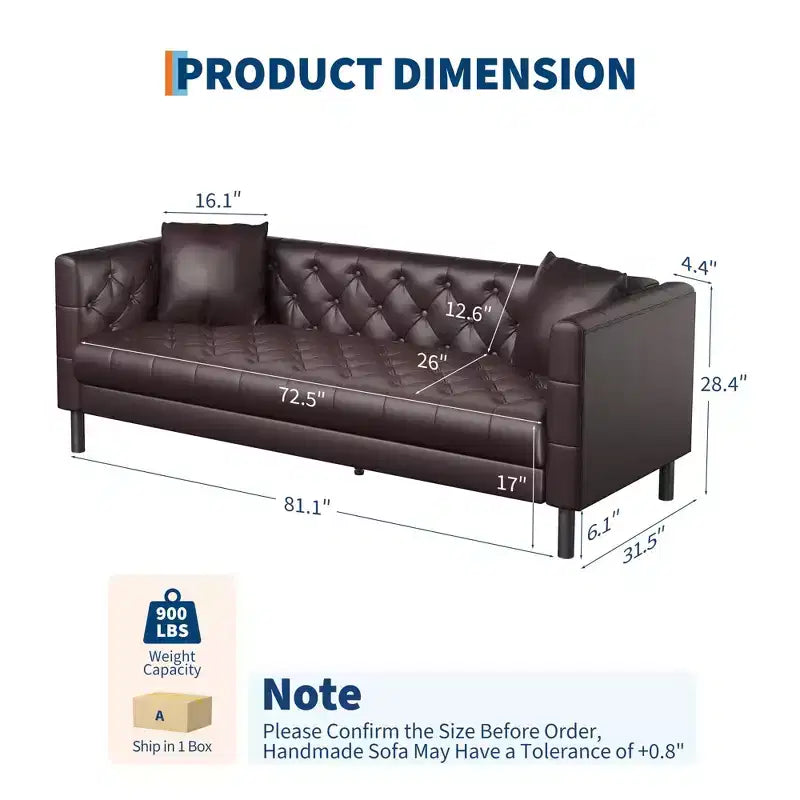 81 Modern Sofa Couches for Living Room, Leather Couch with Handmade Button, 3 Seater Sofa with Deep Seats, Brown Chesterfield Sofa for Apartment