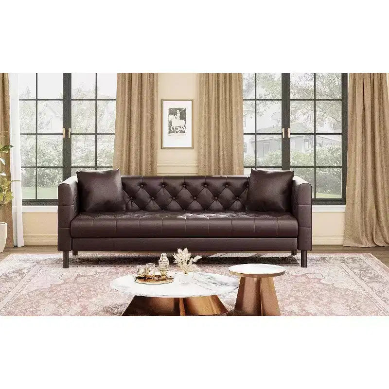 81 Modern Sofa Couches for Living Room, Leather Couch with Handmade Button, 3 Seater Sofa with Deep Seats, Brown Chesterfield Sofa for Apartment