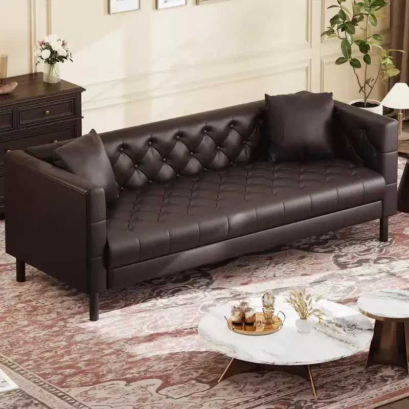 81 Modern Sofa Couches for Living Room, Leather Couch with Handmade Button, 3 Seater Sofa with Deep Seats, Brown Chesterfield Sofa for Apartment