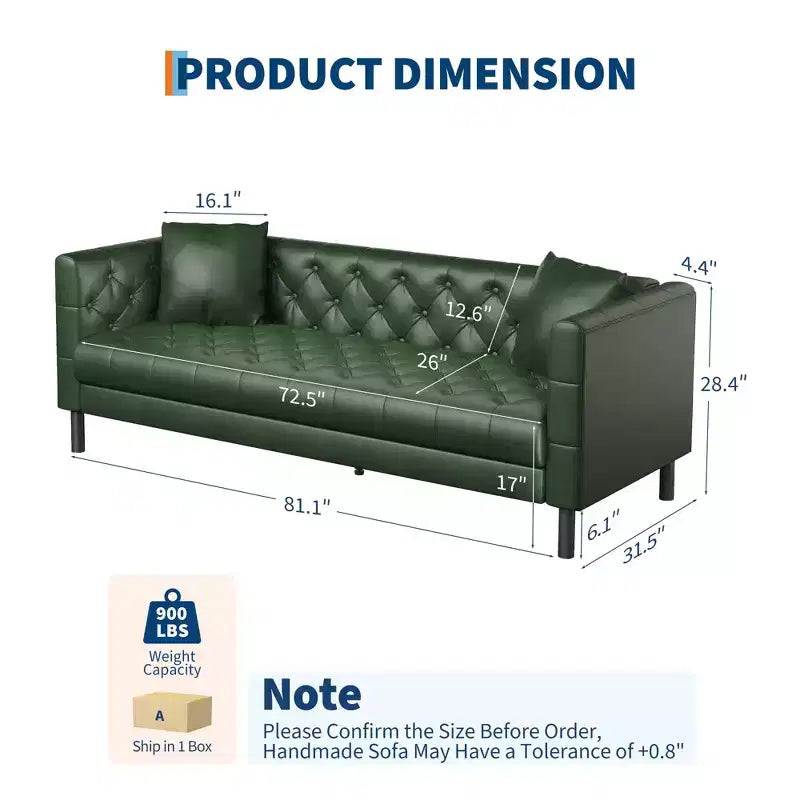 81 Modern Sofa Couches for Living Room, Leather Couch with Handmade Button, 3 Seater Sofa with Deep Seats, Brown Chesterfield Sofa for Apartment