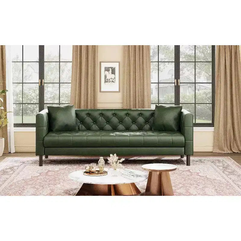 81 Modern Sofa Couches for Living Room, Leather Couch with Handmade Button, 3 Seater Sofa with Deep Seats, Brown Chesterfield Sofa for Apartment