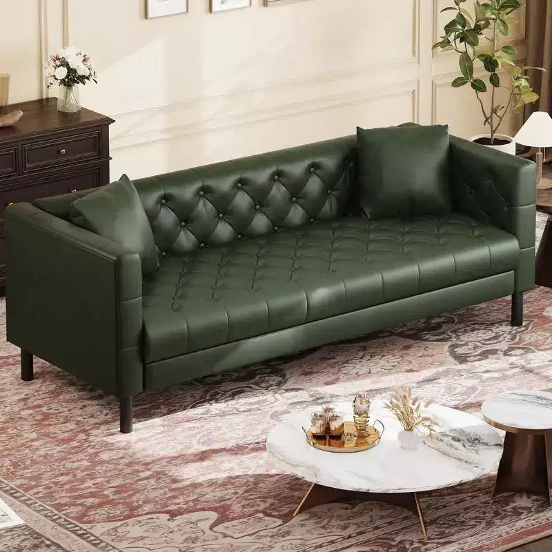 81 Modern Sofa Couches for Living Room, Leather Couch with Handmade Button, 3 Seater Sofa with Deep Seats, Brown Chesterfield Sofa for Apartment