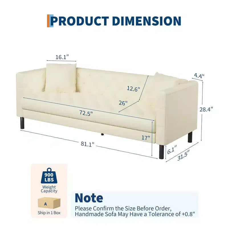 81 Modern Sofa Couches for Living Room, Leather Couch with Handmade Button, 3 Seater Sofa with Deep Seats, Brown Chesterfield Sofa for Apartment