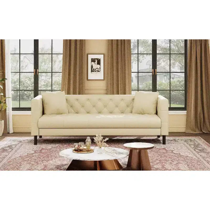 81 Modern Sofa Couches for Living Room, Leather Couch with Handmade Button, 3 Seater Sofa with Deep Seats, Brown Chesterfield Sofa for Apartment