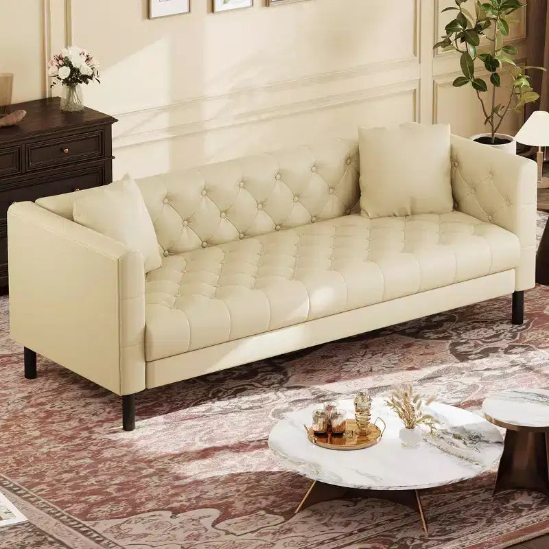 81 Modern Sofa Couches for Living Room, Leather Couch with Handmade Button, 3 Seater Sofa with Deep Seats, Brown Chesterfield Sofa for Apartment