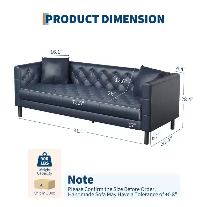 81 Modern Sofa Couches for Living Room, Leather Couch with Handmade Button, 3 Seater Sofa with Deep Seats, Brown Chesterfield Sofa for Apartment