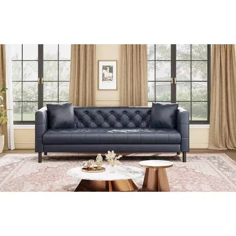 81 Modern Sofa Couches for Living Room, Leather Couch with Handmade Button, 3 Seater Sofa with Deep Seats, Brown Chesterfield Sofa for Apartment