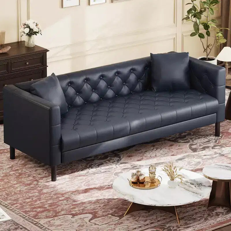81 Modern Sofa Couches for Living Room, Leather Couch with Handmade Button, 3 Seater Sofa with Deep Seats, Brown Chesterfield Sofa for Apartment