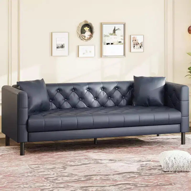 81 Modern Sofa Couches for Living Room, Leather Couch with Handmade Button, 3 Seater Sofa with Deep Seats, Brown Chesterfield Sofa for Apartment