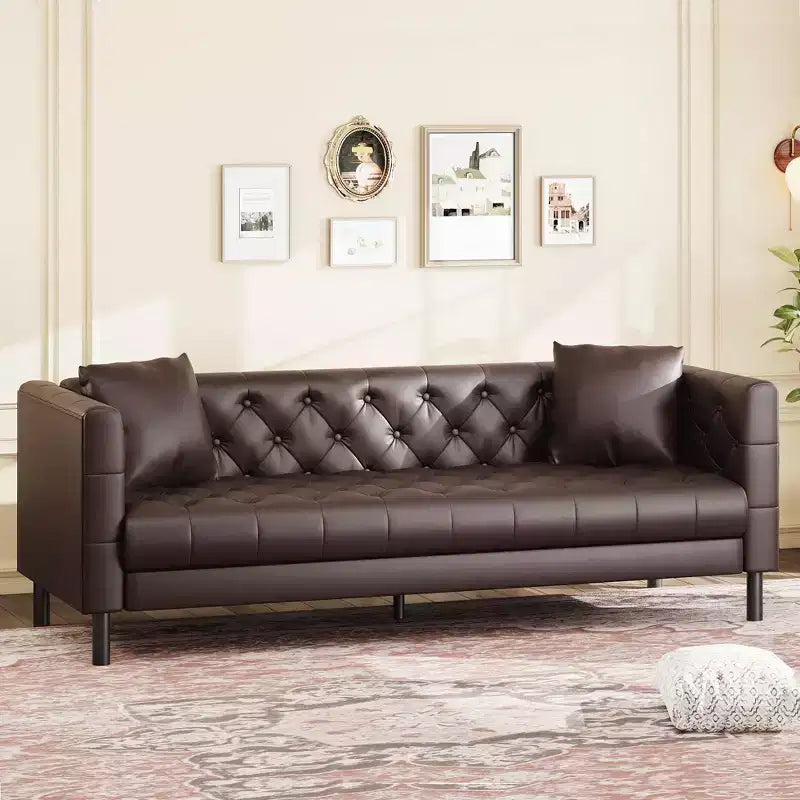 81 Modern Sofa Couches for Living Room, Leather Couch with Handmade Button, 3 Seater Sofa with Deep Seats, Brown Chesterfield Sofa for Apartment