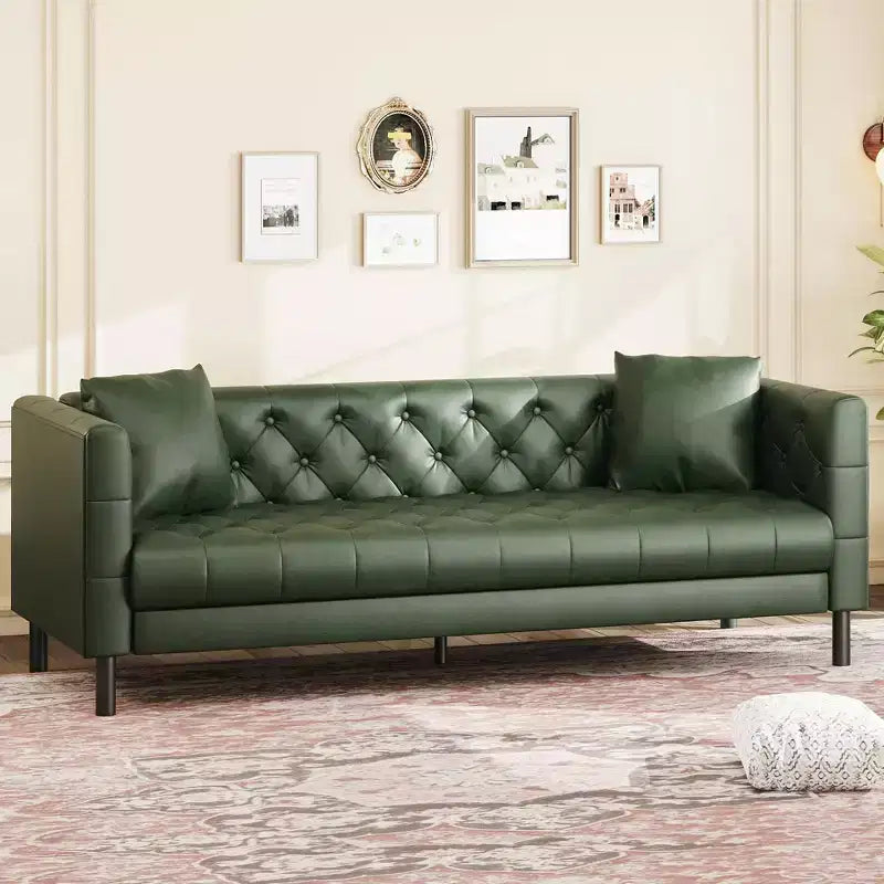 81 Modern Sofa Couches for Living Room, Leather Couch with Handmade Button, 3 Seater Sofa with Deep Seats, Brown Chesterfield Sofa for Apartment