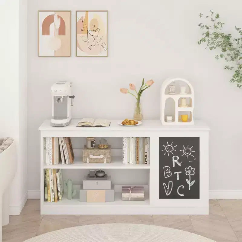 MAYEERTY 3-in-1 Kids Bookshelf & Toy Storage Cabinet with Chalkboard, Organizer for Playroom Bedroom Classroom, White