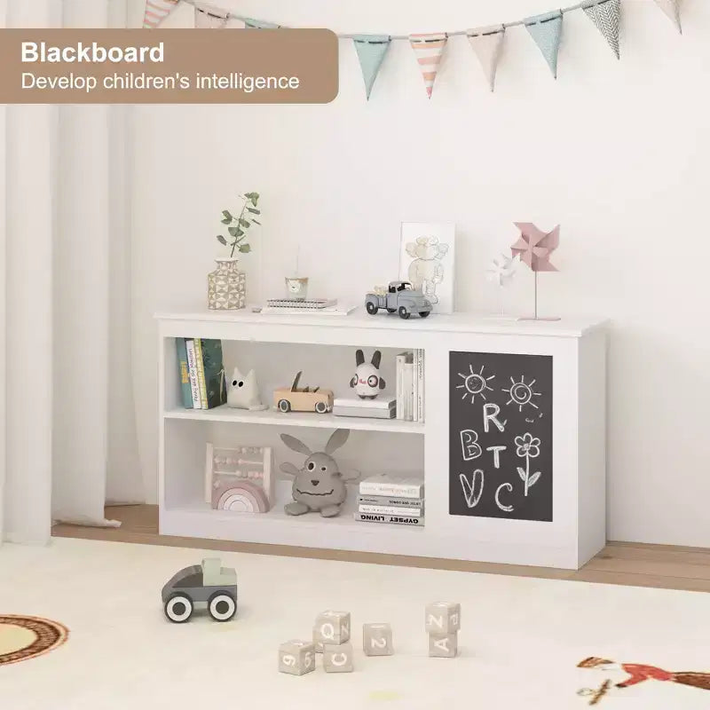 MAYEERTY 3-in-1 Kids Bookshelf & Toy Storage Cabinet with Chalkboard, Organizer for Playroom Bedroom Classroom, White