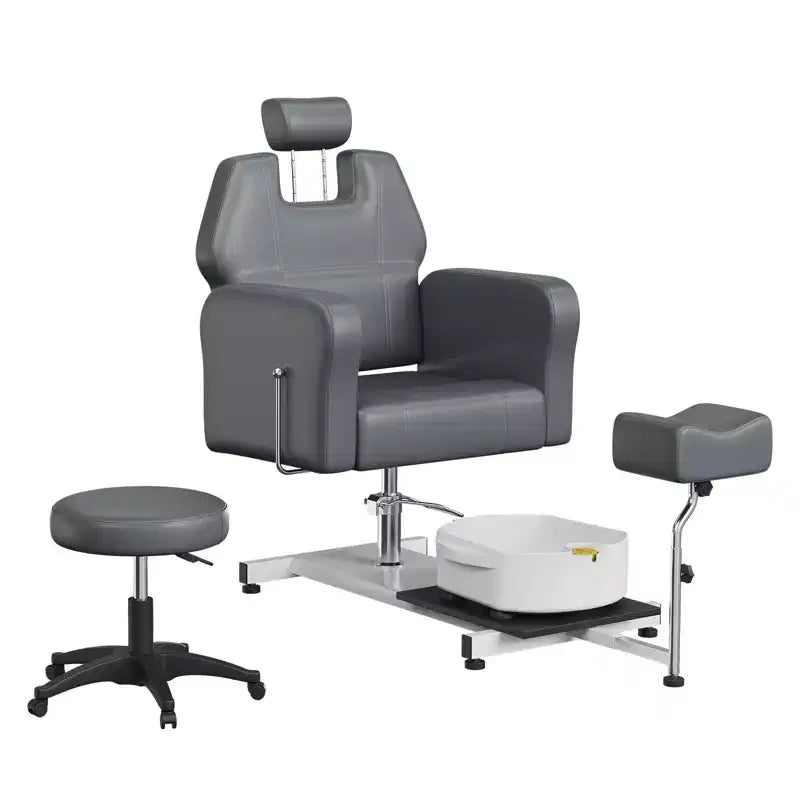 Pedicure chair with stool, footrest and massage foot basin, height adjustable, 360 degree rotating hydraulic reclining foot bath pedicure chair