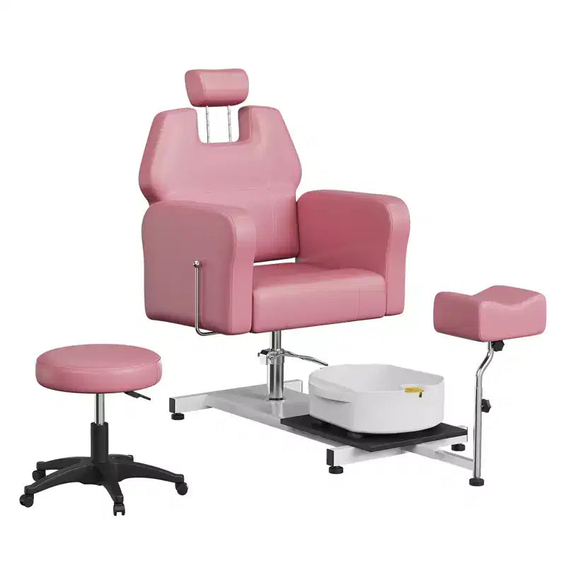 Pedicure chair with stool, footrest and massage foot basin, height adjustable, 360 degree rotating hydraulic reclining foot bath pedicure chair