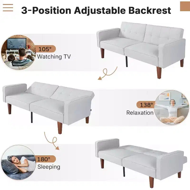 Zevemomo Convertible Sofa Bed With Adjustable Backrest,Functions As A Recliner And Loveseat,Foam And Spring Cushions,White