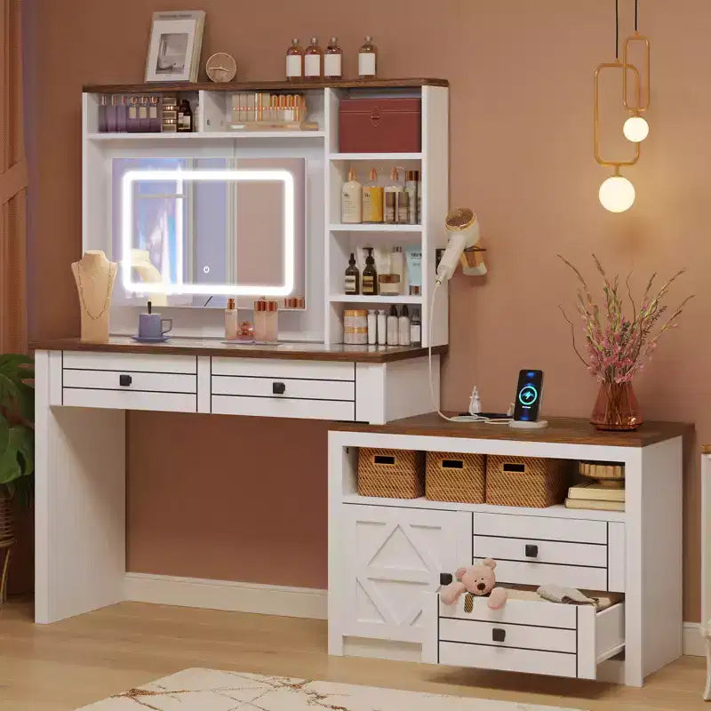 COZONY Corner Makeup Vanity, LED Mirror, Glass Top, Outlets & USB, 1 Door, 4 Drawers, 7 Shelves