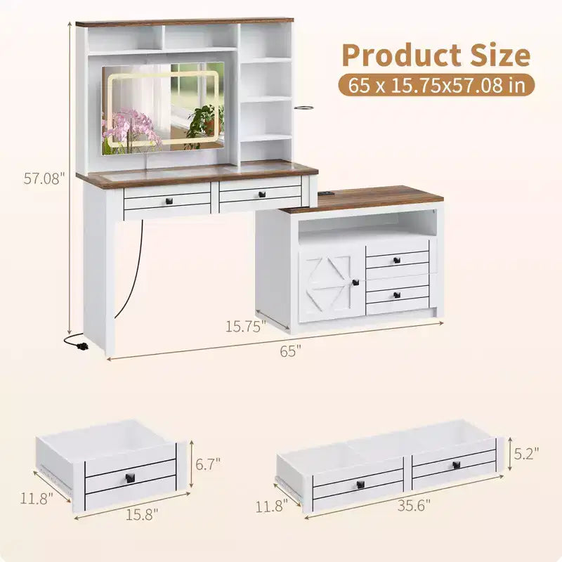 Coiffeuse d'angle, miroir LED, plateau en verre, prises et USB, 1 porte, 4 tiroirs, 7 étagères