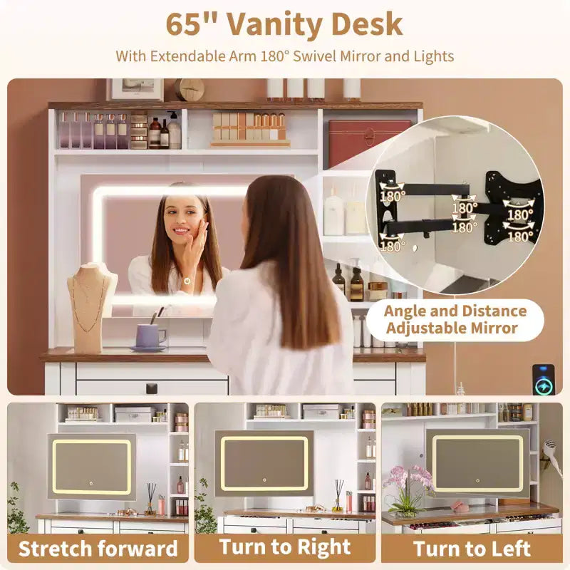 Coiffeuse d'angle, miroir LED, plateau en verre, prises et USB, 1 porte, 4 tiroirs, 7 étagères