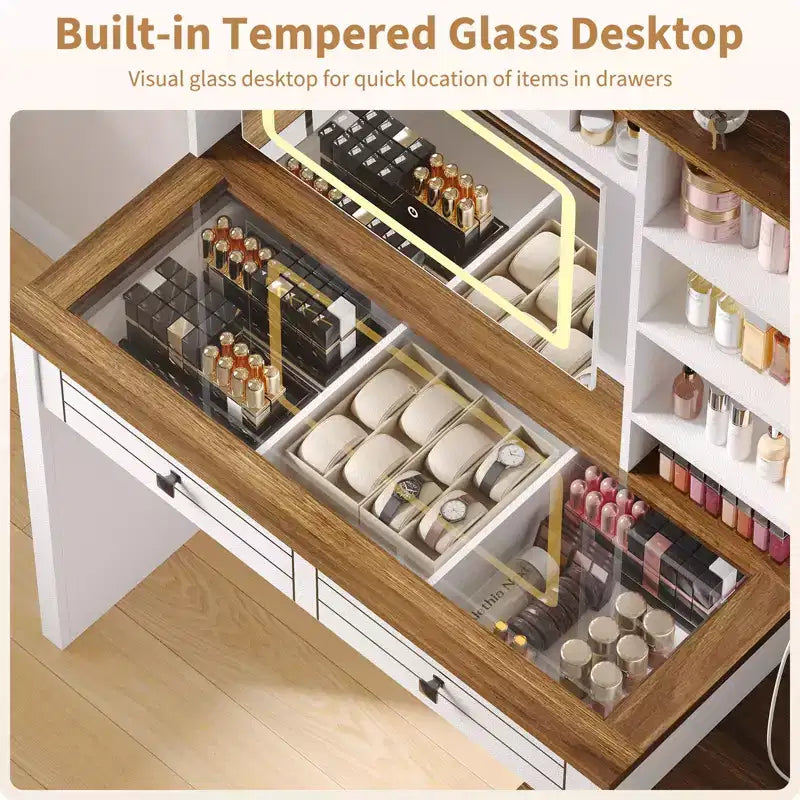 Coiffeuse d'angle, miroir LED, plateau en verre, prises et USB, 1 porte, 4 tiroirs, 7 étagères