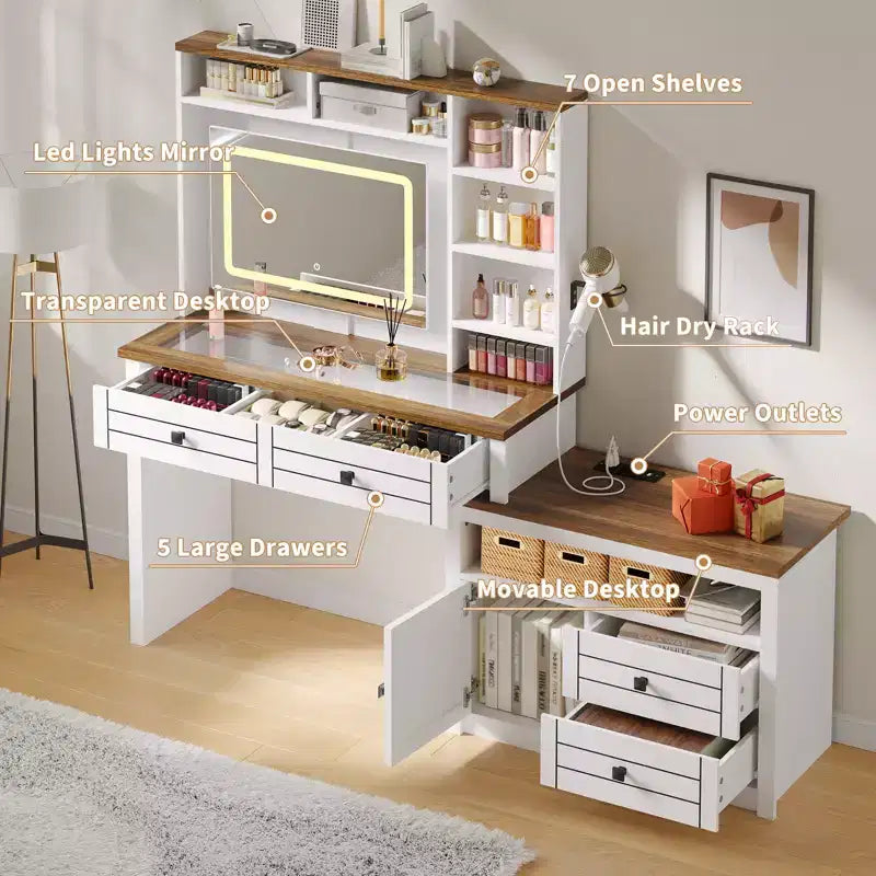 Coiffeuse d'angle, miroir LED, plateau en verre, prises et USB, 1 porte, 4 tiroirs, 7 étagères